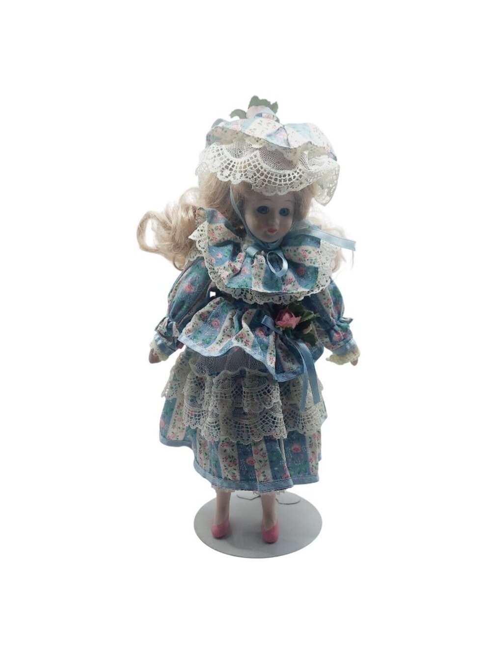 Porcelain Doll Blonde Blue Eyes Floral Dress & Hat On Stand Vintage Collectible